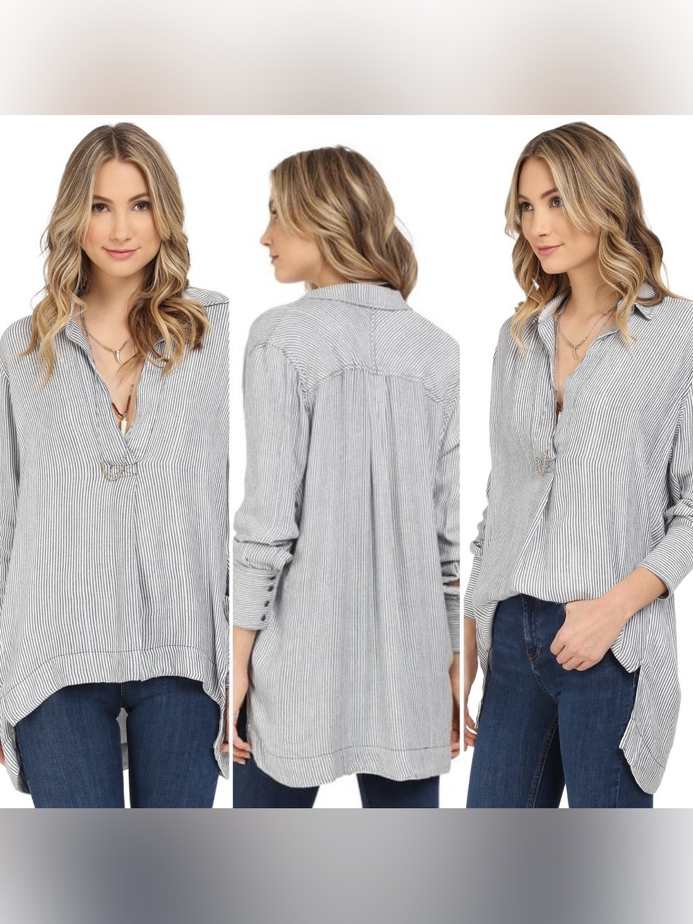 Free People On The Road Tunic Top XS Blue White Stripe Oversized High Low Boho